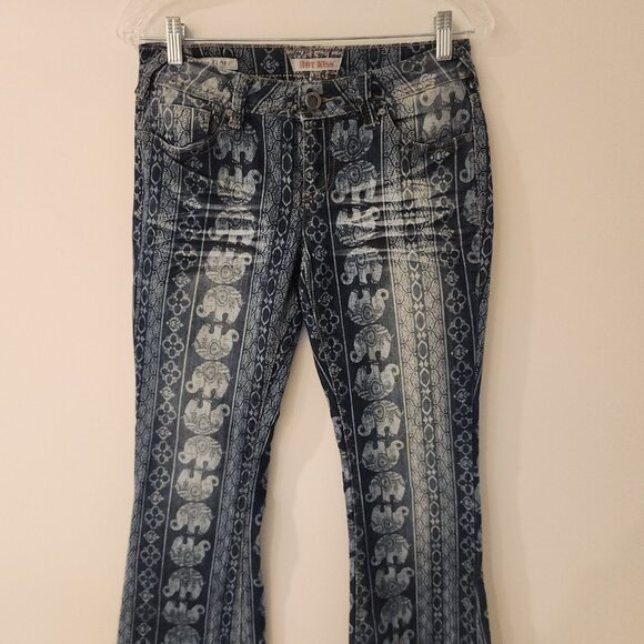 Hot Kiss Nina Flare Jeans Boho Hippie Mantra Disco Elephant Print Stretch Sz 7 - Picture 3 of 16